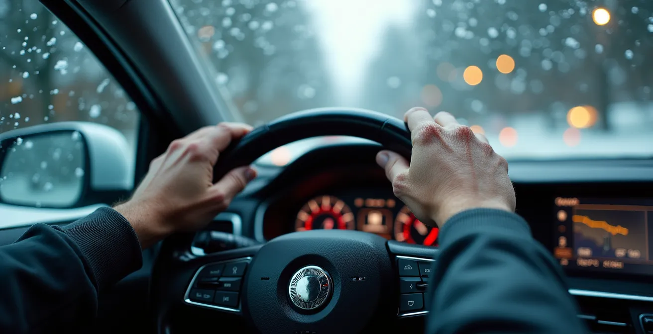 Das Cockpit eines Fahrzeugs während einer kritischen Systemübergabe bei Schneefall, was die Spannung an der Mensch-Maschine-Schnittstelle verdeutlicht.