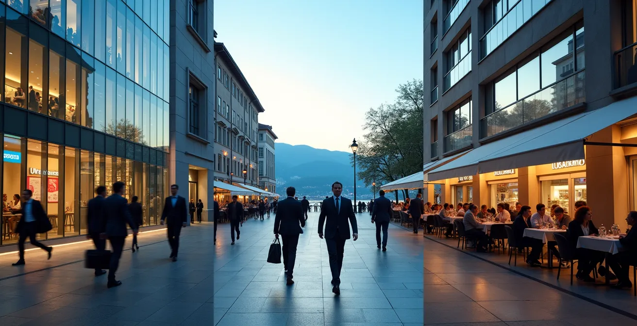 Geschäftskulturen in drei Schweizer Städten visualisiert, die die Unterschiede zwischen Zürich, Genf und Lugano zeigen.