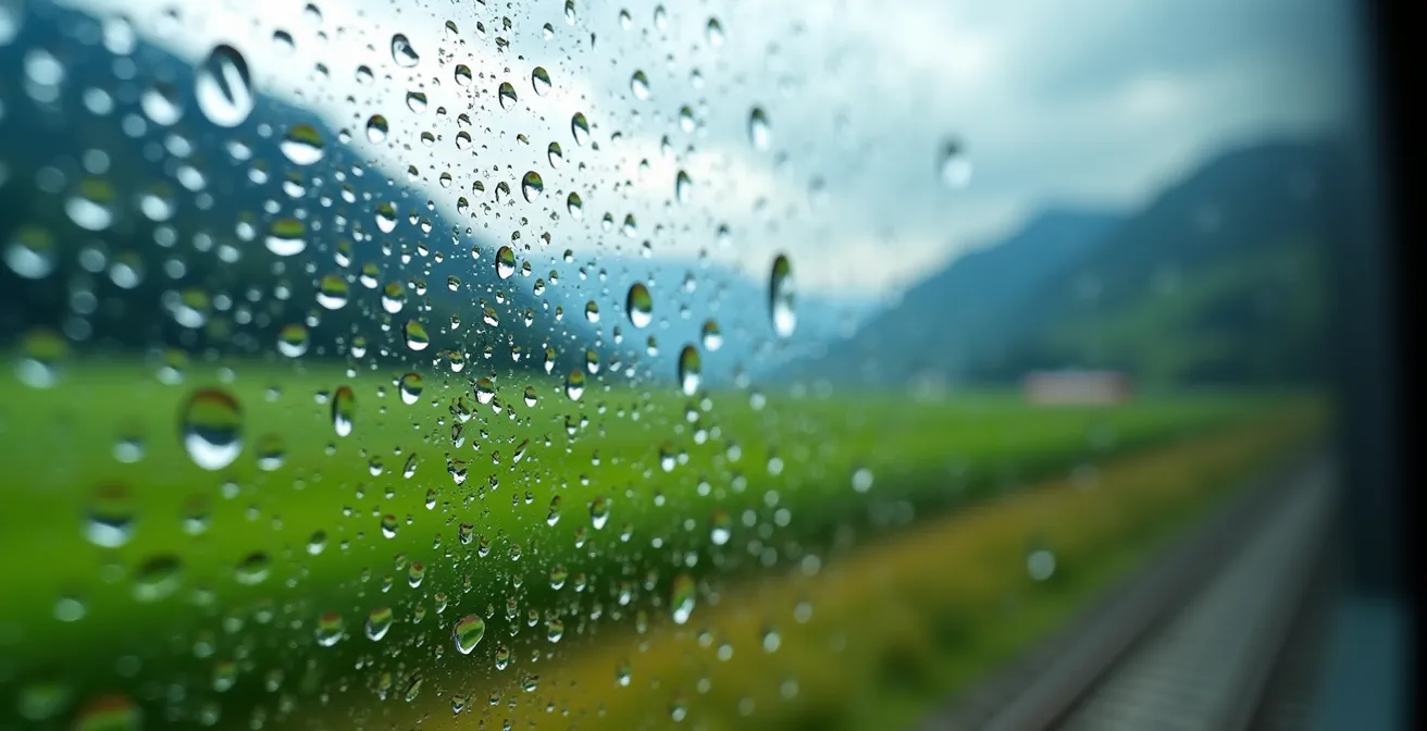 Blick aus dem Zugfenster auf den Genfersee während einer ruhigen Pendelfahrt