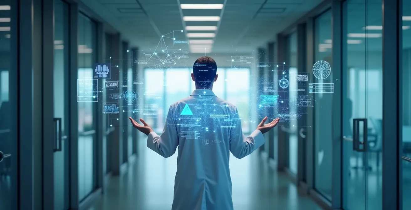 Ärztin betrachtet holografische Gesundheitsdaten in modernem Schweizer Spital