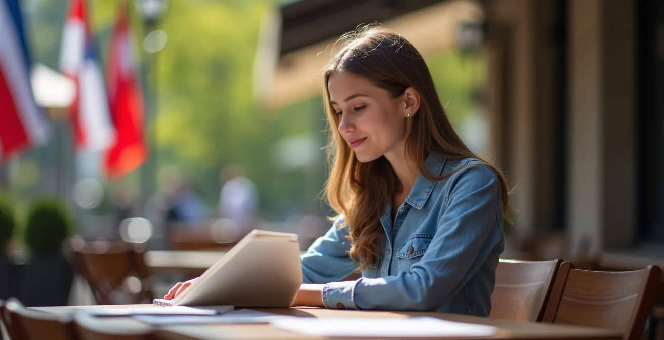 Ein junger Profi studiert in einem Café in der Nähe des UNO-Hauptquartiers in Genf und symbolisiert das Lernen im globalen Kontext.