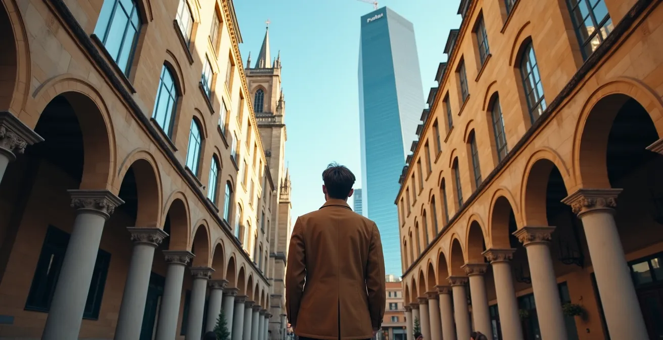 Kontrast zwischen mittelalterlichen Steingebäuden und moderner Glasarchitektur in einer Schweizer Altstadt