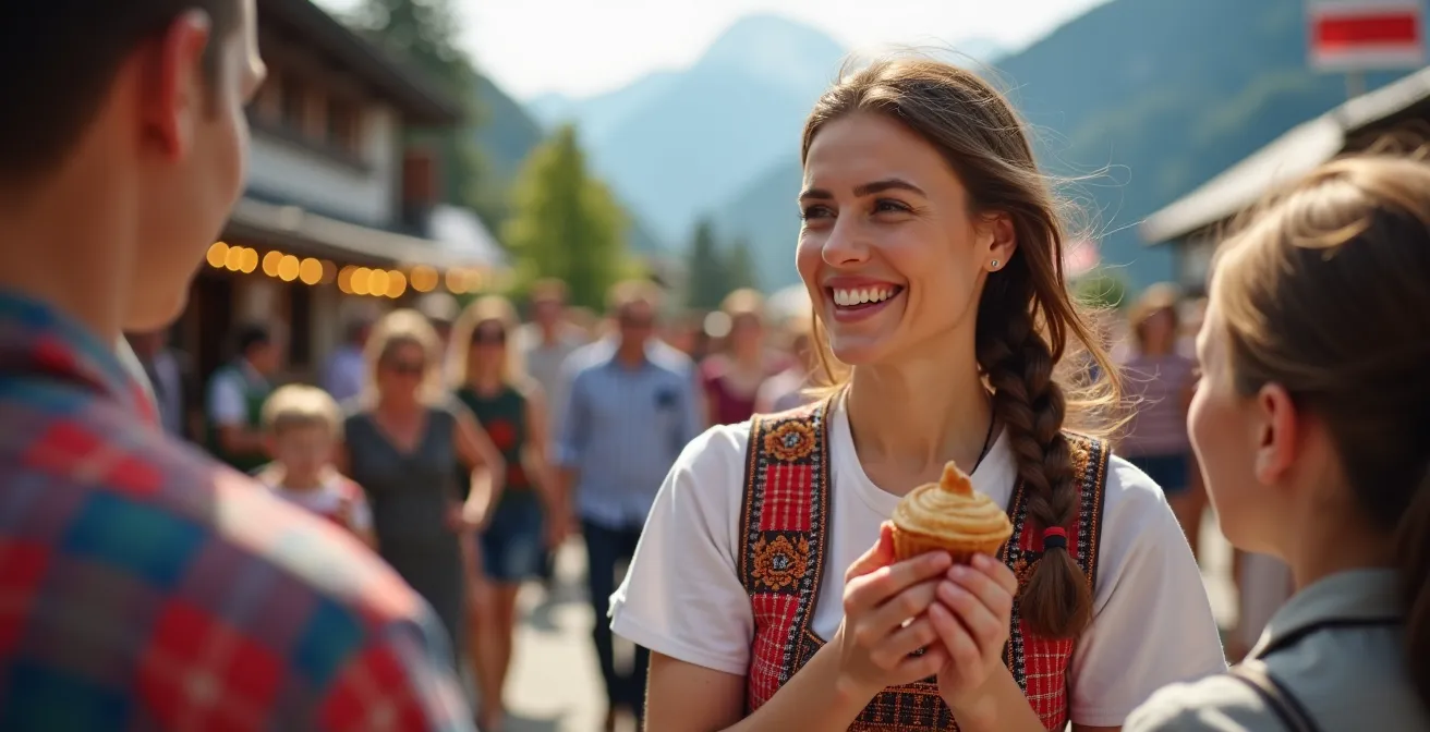 Visualisierung des 6-monatigen Integrationspfads in der Schweiz, dargestellt durch eine glückliche Expat-Frau auf einem Dorffest.