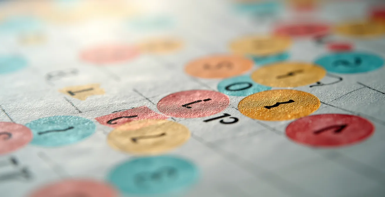 Makroaufnahme eines Schweizer Arbeitskalenders mit markierten kantonalen Feiertagen