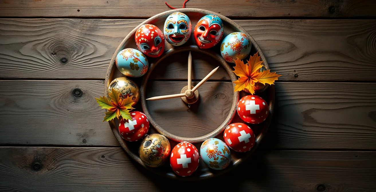 Kreisförmige Visualisierung des Schweizer Festkalenders mit saisonalen Elementen