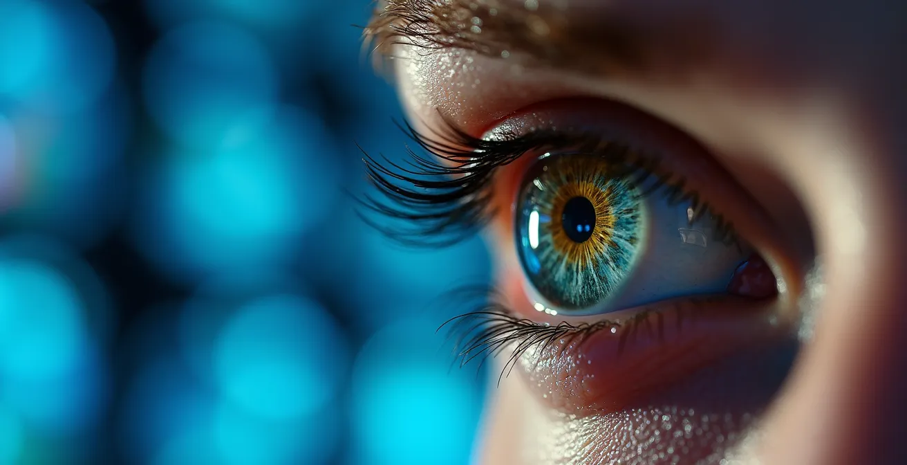 Radiologe betrachtet abstrakte KI-Visualisierungen bei der Krebsdiagnose