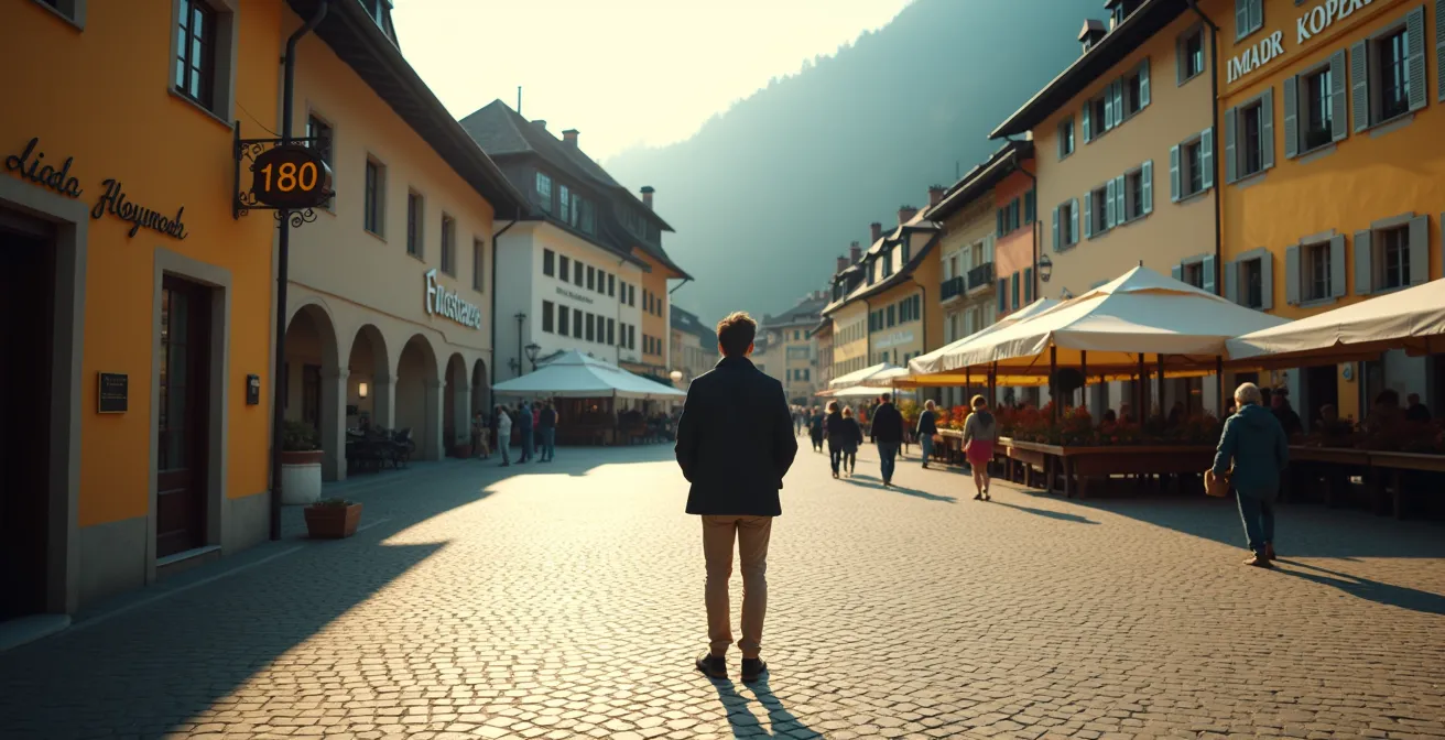Weitwinkelaufnahme einer Person am Rand eines traditionellen Schweizer Dorfplatzes, die die psychologische Distanz symbolisiert