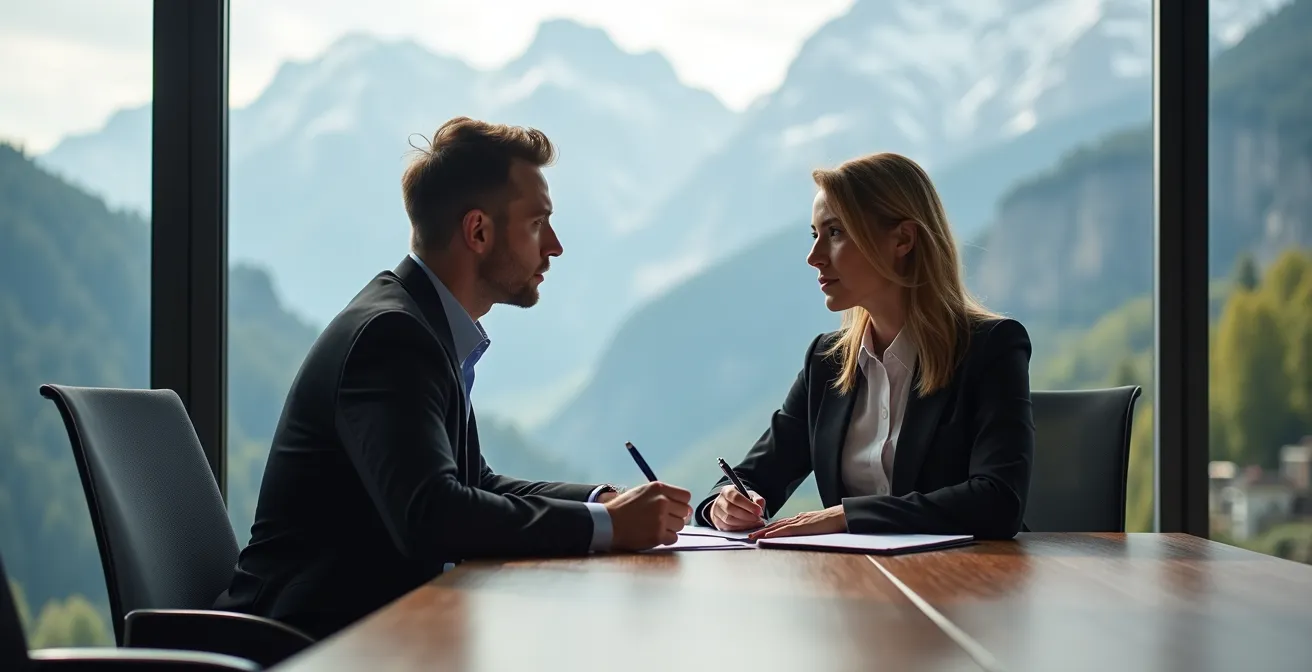 Strategische Beratungssituation in modernem Schweizer Büro mit Analysewerkzeugen