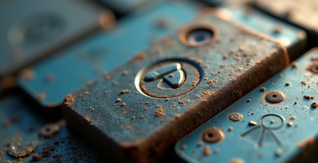 Nahaufnahme, die den Lebenszyklus und die Nachhaltigkeit von Gesundheitsgeräten durch abgenutzte Oberflächen und Texturen symbolisiert.