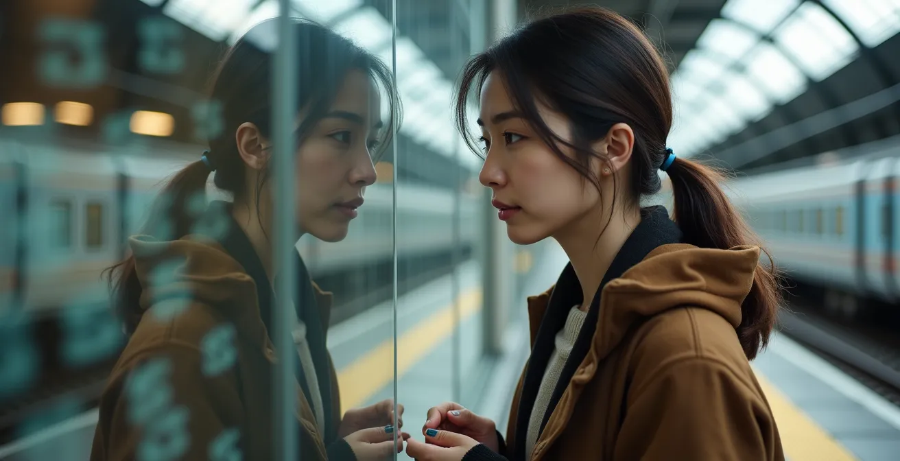 Person navigiert zwischen zwei Zeitebenen ihrer kulturellen Identität in schweizer Umgebung