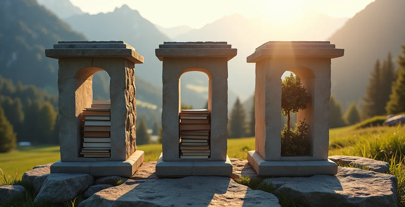 Visualisierung des 3-Säulen-Modells für interkulturelles Lernen in der Schweiz