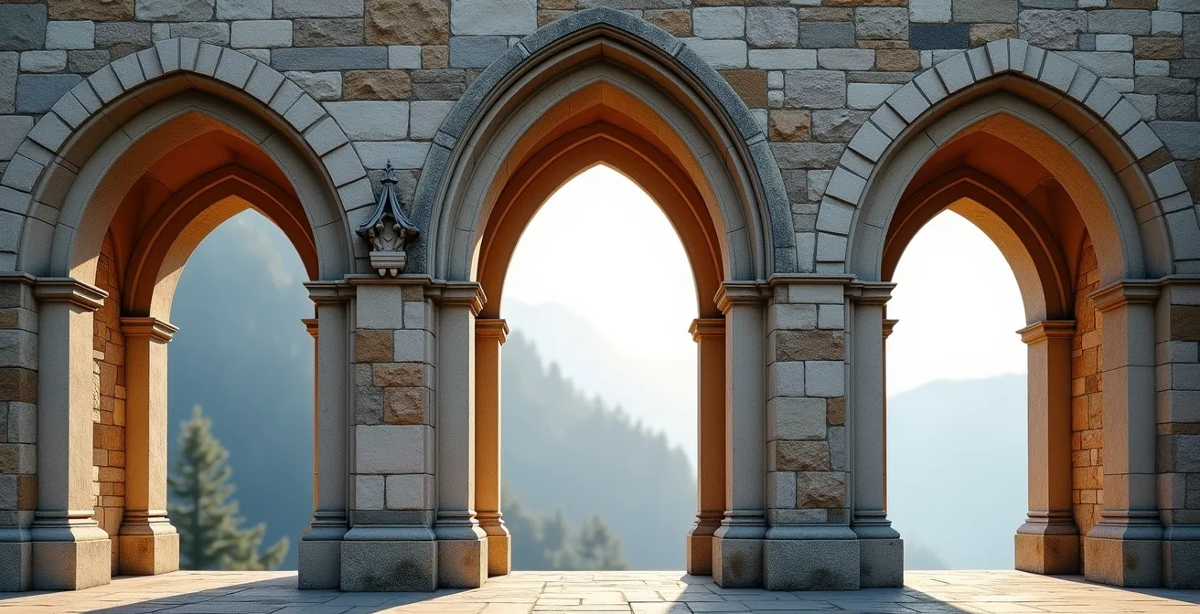 Visueller Vergleich von Rundbögen der Romanik, Spitzbögen der Gotik und barocken Voluten an Schweizer Kirchen