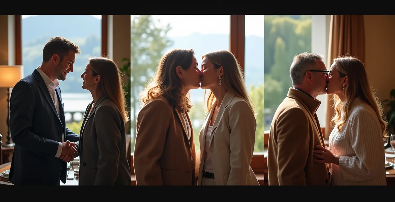 Menschen verschiedener Generationen demonstrieren unterschiedliche Begrüssungsarten in drei visuell getrennten Szenen