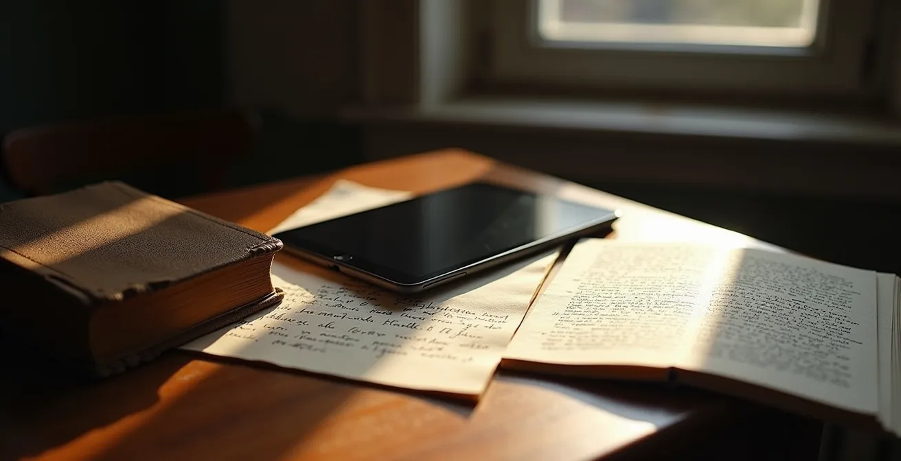 Visuelle Darstellung verschiedener Bildungsquellen in der Schweiz, die ein altes Buch, ein Tablet und Notizen auf einem Schreibtisch zeigt.