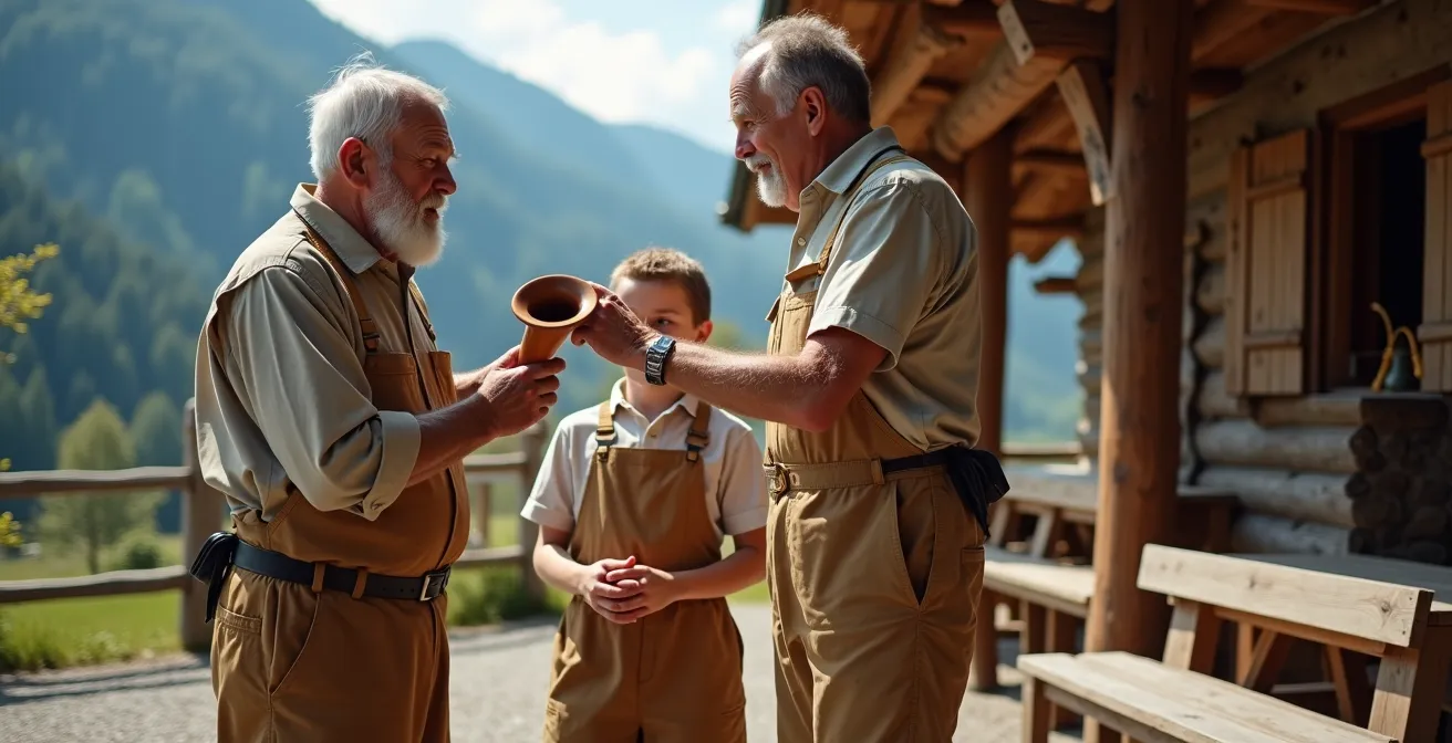 Einheimische Familie beim traditionellen Dorffest in den Schweizer Alpen