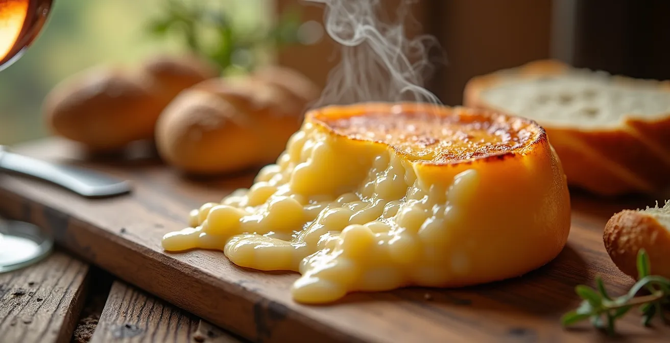 Makroaufnahme von geschmolzenem Schweizer Alpkäse mit traditionellen Festspeisen