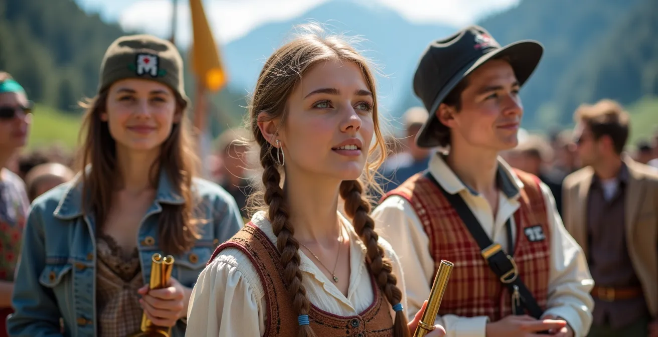 Junge Menschen in traditioneller Schweizer Umgebung mit modernen Elementen