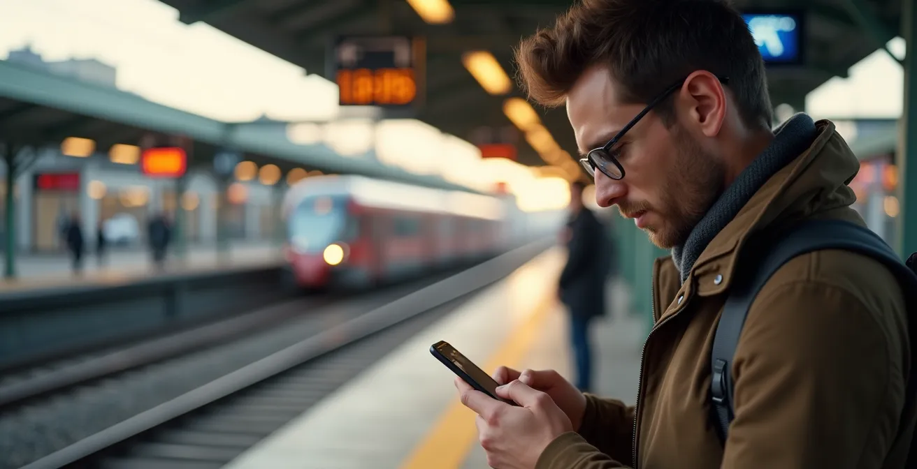 Pendler mit Smartphone checkt mehrere Verkehrs-Apps am Bahnhof