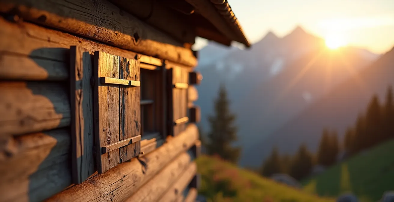 Tiny House in Schweizer Alpenlandschaft bei Sonnenuntergang