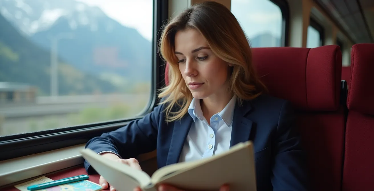 Pendler in einem Schweizer Zug mit Bergpanorama, liest ein sprachneutrales Buch