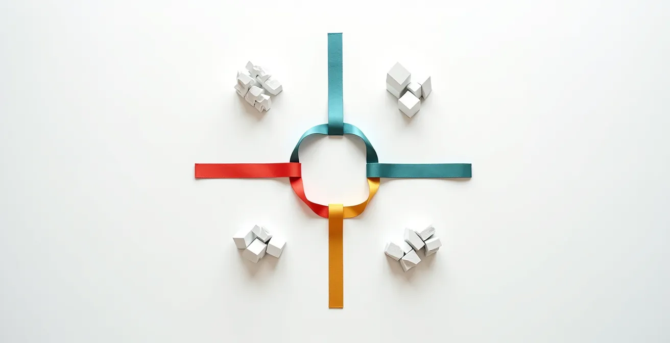 Abstrakte Darstellung von vier Sprachpfaden, die sich zu verschiedenen Schweizer Branchen verzweigen