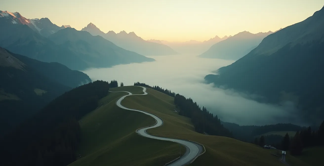 Abstraktes Bild von Weggabelung mit Schweizer Berglandschaft symbolisiert strategische Entscheidung