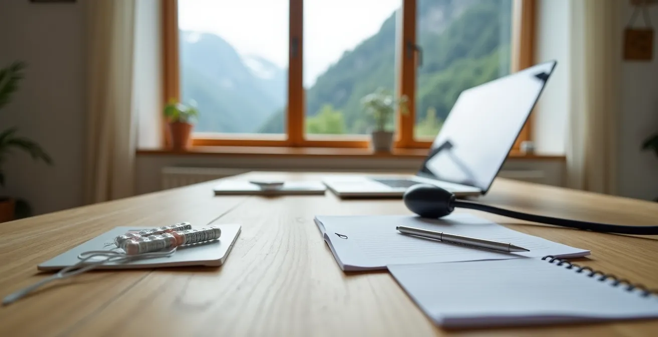 Patient bereitet sich mit Dokumenten und Messwerten auf eine Videokonsultation vor