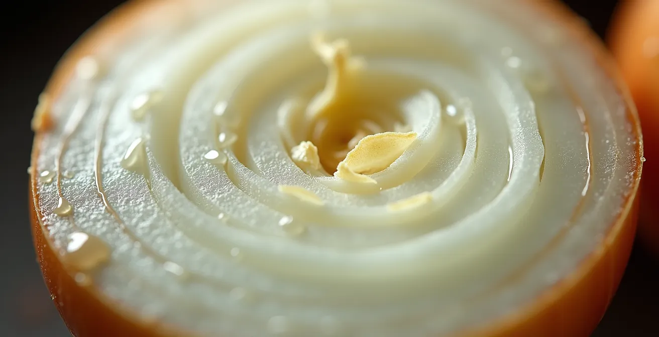 Makroaufnahme von aufgeschnittener Zwiebel mit sichtbaren konzentrischen Schichten, die die Kulturschichten symbolisieren