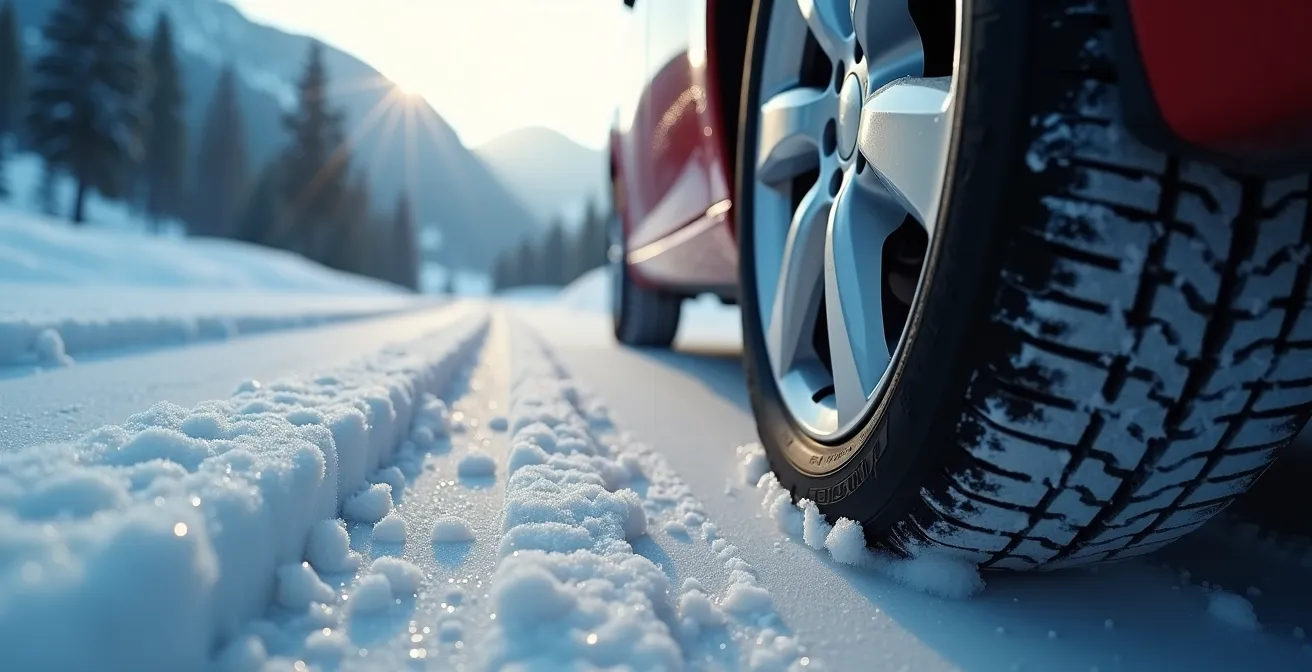 Ein SUV auf einer verschneiten Schweizer Bergstrasse, der den Mythos der Unbesiegbarkeit durch Allradantrieb symbolisiert.