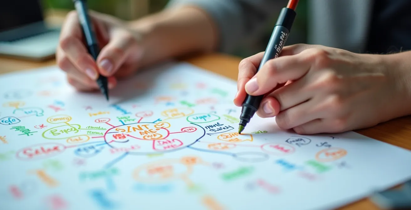 Person plant strukturiert neue Lernaktivitäten mit Notizen und Mindmap