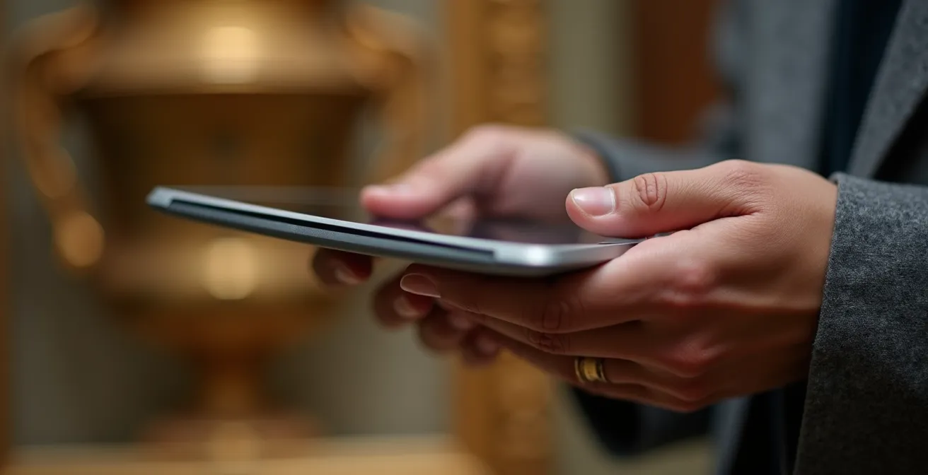Hände halten Tablet vor historischem Exponat in Schweizer Museum
