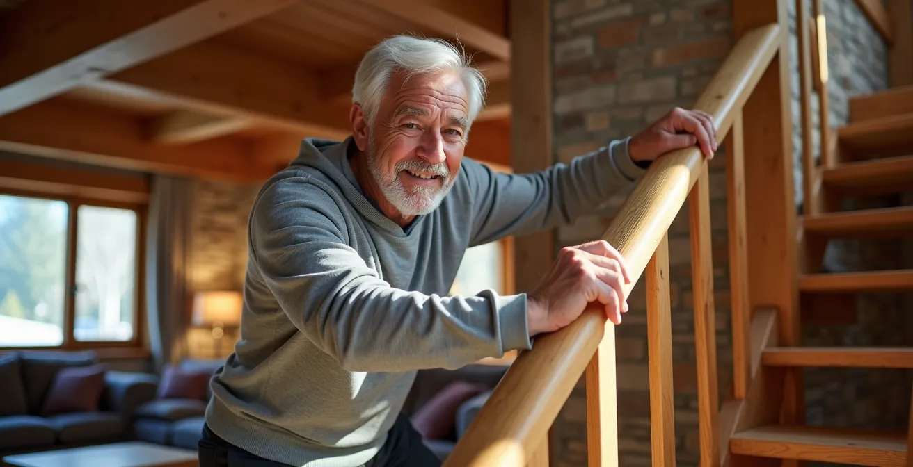 Person nutzt elegante Holztreppe in modernem Schweizer Haus als Fitnessgerät