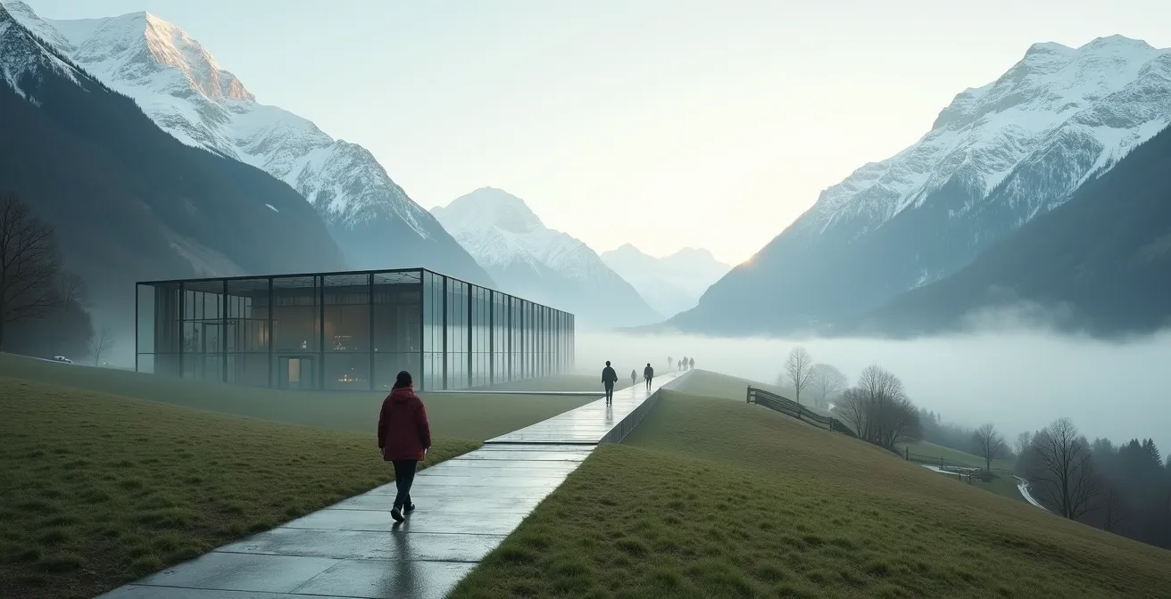 Weitwinkelaufnahme eines einsamen Wanderers zwischen Kulturzentrum und Alpenpanorama