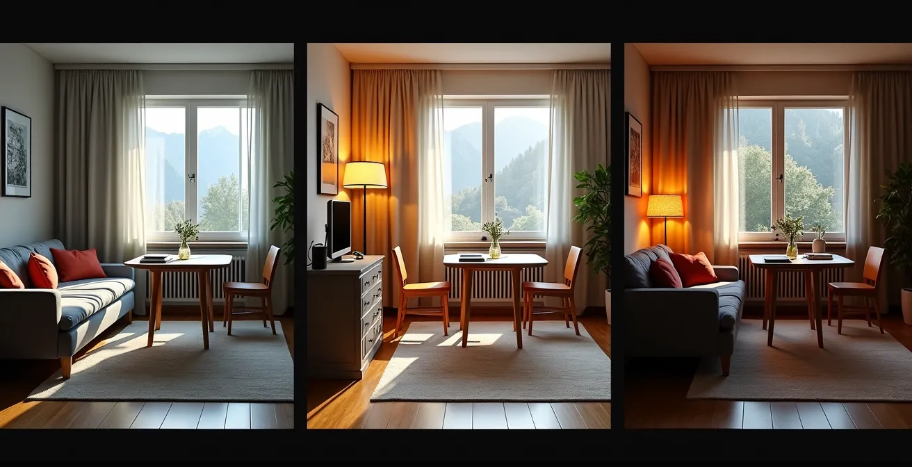 Derselbe Raum mit drei verschiedenen Beleuchtungskonzepten