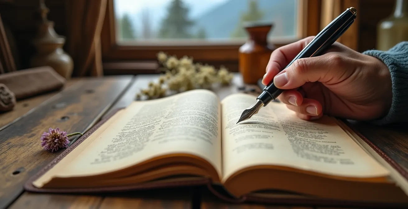 Person schreibt in ein Reisetagebuch mit Schweizer Bergpanorama im Hintergrund