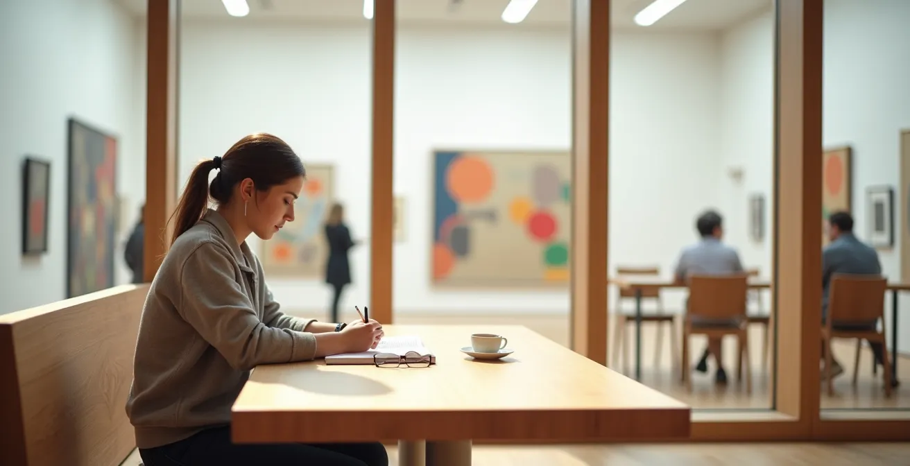 Besucherin macht Notizen in Museumscafé mit Blick auf Ausstellungsraum
