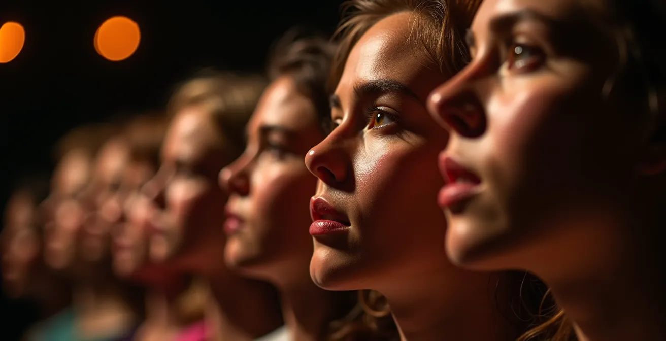 Nahaufnahme von Theaterzuschauern in emotionaler Resonanz während einer Performance