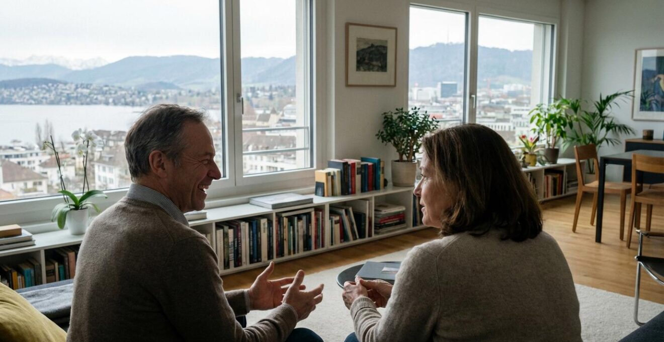 Paar diskutiert Maklerauswahl im Zürcher Wohnzimmer