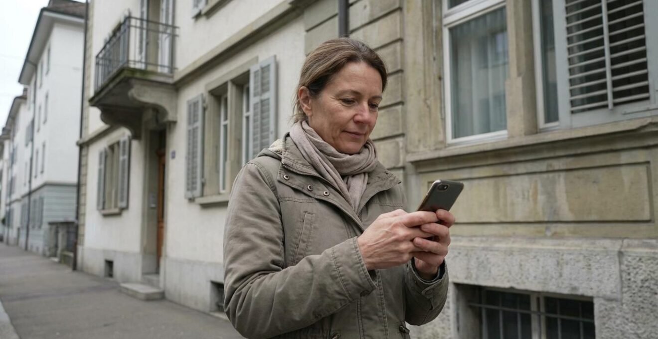 Immobilienmakler Zürich suchen – Eigentümerin recherchiert vor ihrem Haus