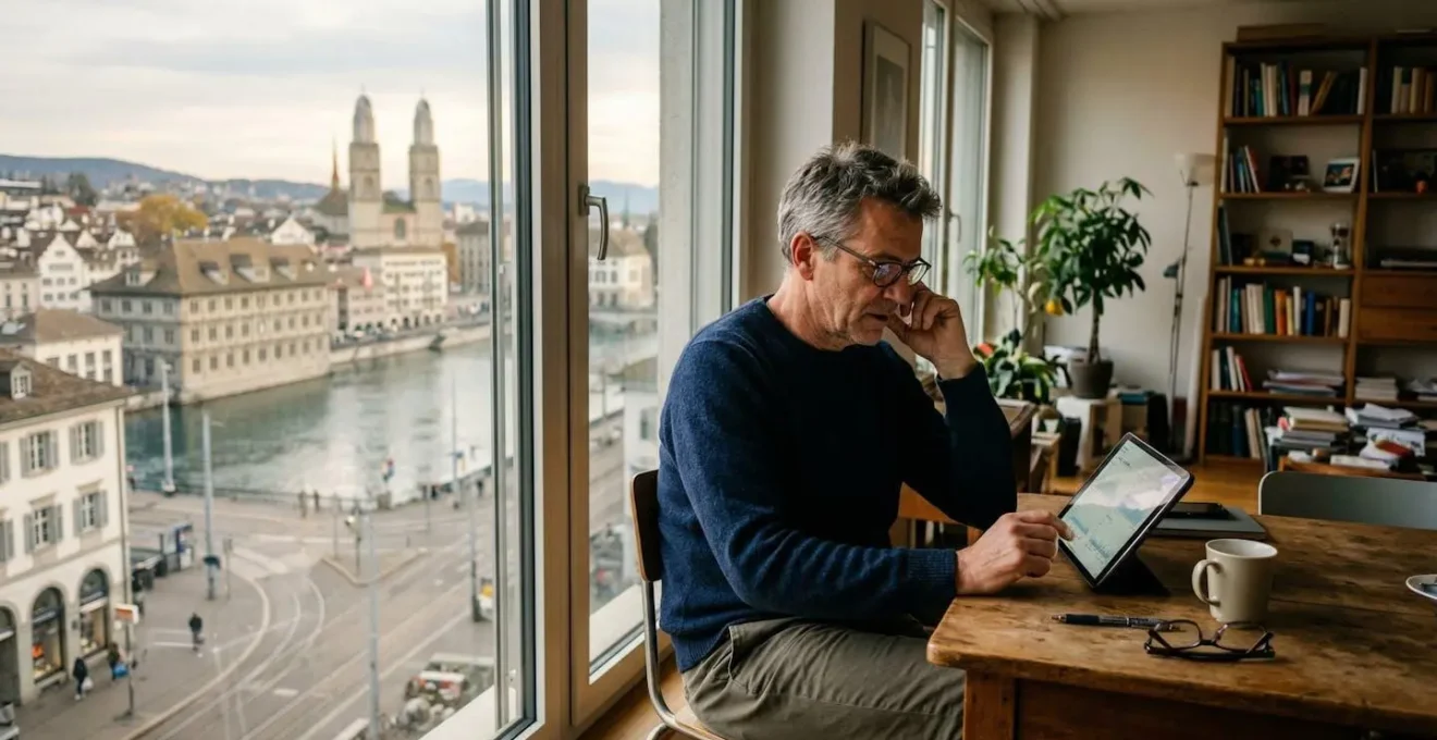 Ein Mann mittleren Alters betrachtet auf seinem Tablet Grafiken in seiner modernen Zürcher Wohnung mit Blick auf die Stadt