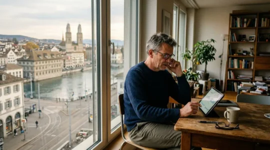 Ein Mann mittleren Alters betrachtet auf seinem Tablet Grafiken in seiner modernen Zürcher Wohnung mit Blick auf die Stadt