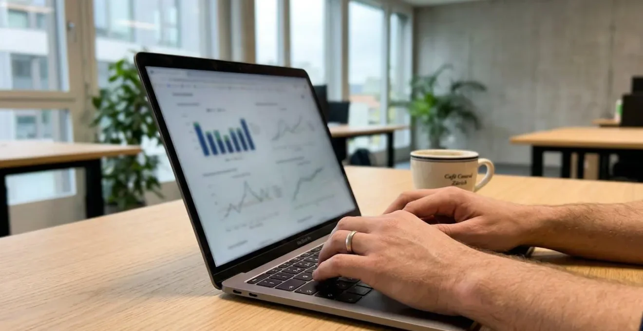 Nahaufnahme eines Laptops mit verschwommenen Grafiken, Hände auf der Tastatur, Kaffeetasse daneben in einem minimalistischen Schweizer Büro