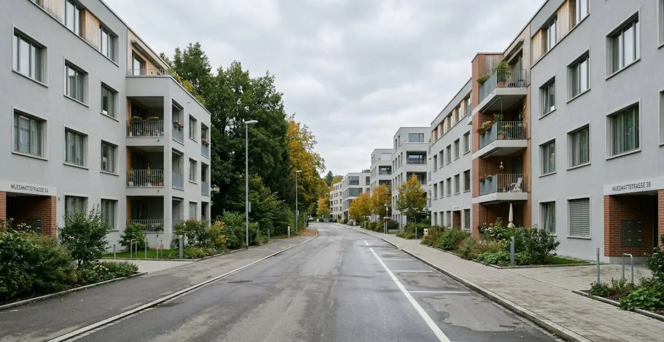 Modernes Schweizer Wohnquartier in Bern mit typischen Mehrfamilienhäusern, leere Strasse, zeitgenössische Architektur bei bedecktem Himmel