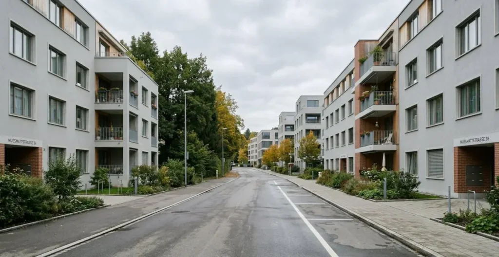 Modernes Schweizer Wohnquartier in Bern mit typischen Mehrfamilienhäusern, leere Strasse, zeitgenössische Architektur bei bedecktem Himmel Modernes Schweizer Wohnquartier in Bern mit typischen Mehrfamilienhäusern, leere Strasse, zeitgenössische Architektur bei bedecktem Himmel